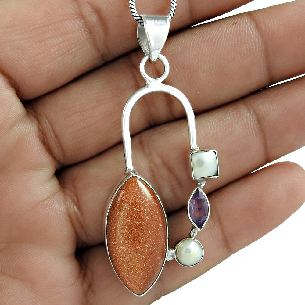 Wedding Gift For Her 925 Silver Natural Sunstone Gemstone Pendant Boho A4