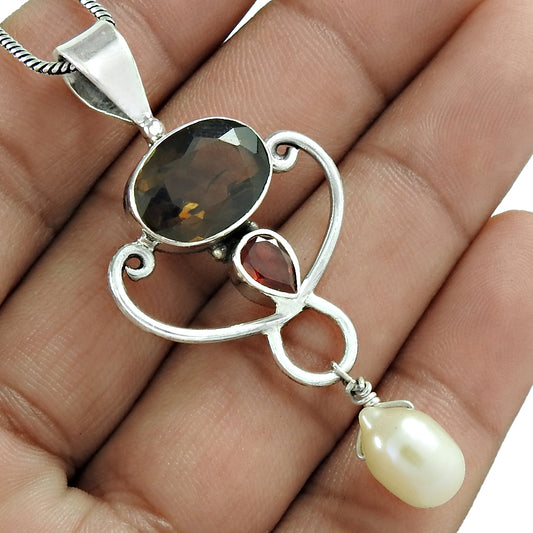 Anniversary Gift For Her Natural Smoky Quartz Pendant Tribal 925 Silver C7