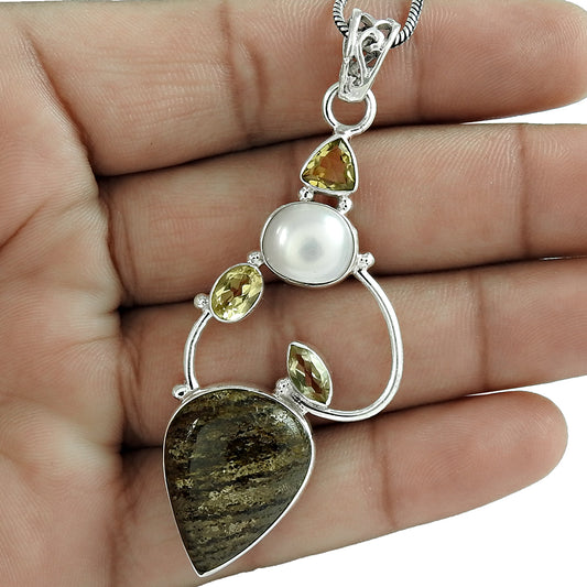 Birthday Gift For Her Natural Bronzite Gemstone Pendant Boho 925 Silver D7