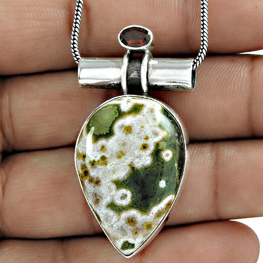 Natural Ocean Jasper Gemstone Pendant Bohemian Green 925 Sterling Silver R19