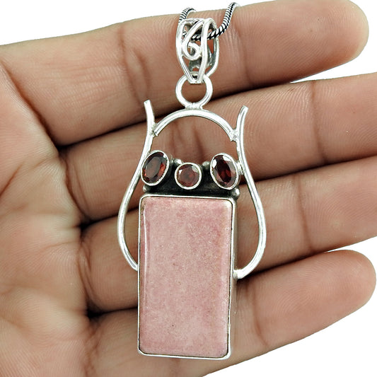 Natural Rhodonite Gemstone Pendant Ethnic Pink 925 Sterling Silver Jewelry E7