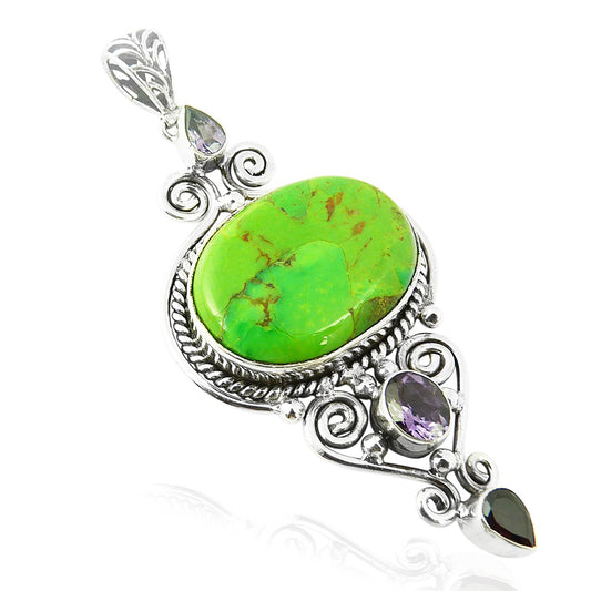 Wedding Gift For Her 925 Silver Natural Green Copper Turquoise Pendant Tribal F7