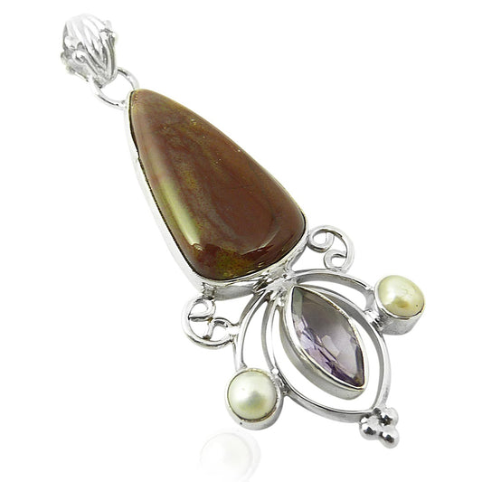 Natural Jasper Gemstone Pendant Boho 925 Sterling Silver Jewelry For Girls B16