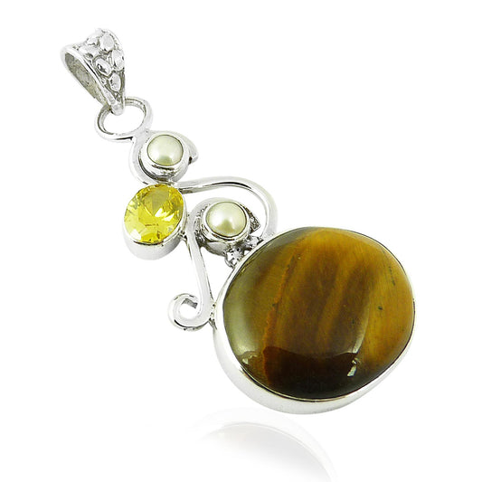 Natural Tiger'S Eye Gemstone Pendant Brown 925 Sterling Silver Jewelry D16