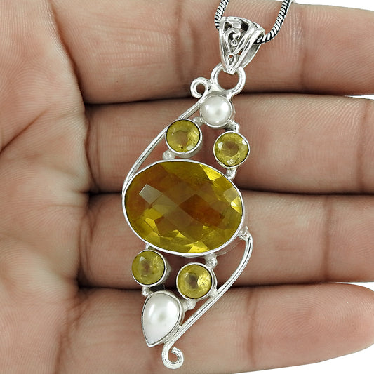 Natural Lemon Quartz Gemstone 925 Sterling Silver Pendant Bohemian For Women F16