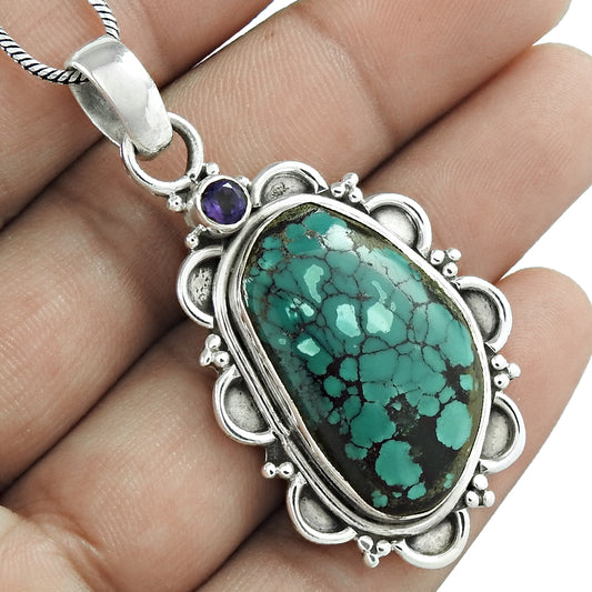 Anniversary Gift For Her Natural Turquoise Pendant Tribal 925 Silver C55