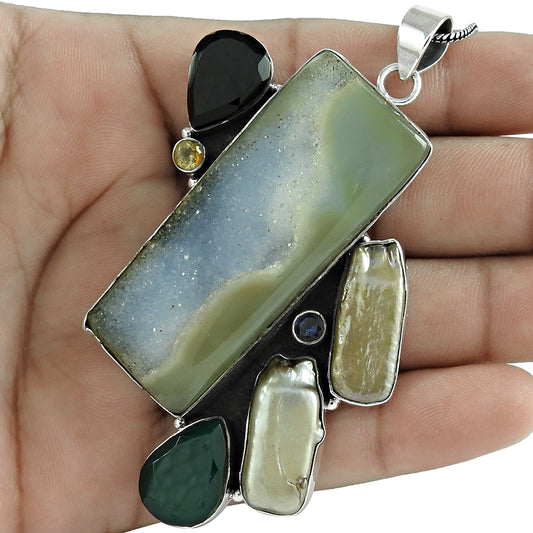 Natural Druzy Gemstone Jewelry 925 Sterling Silver Pendant Bohemian For Women H1