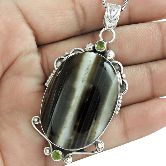 Natural Onyx Gemstone Pendant Vintage Brown 925 Sterling Silver Jewelry J1