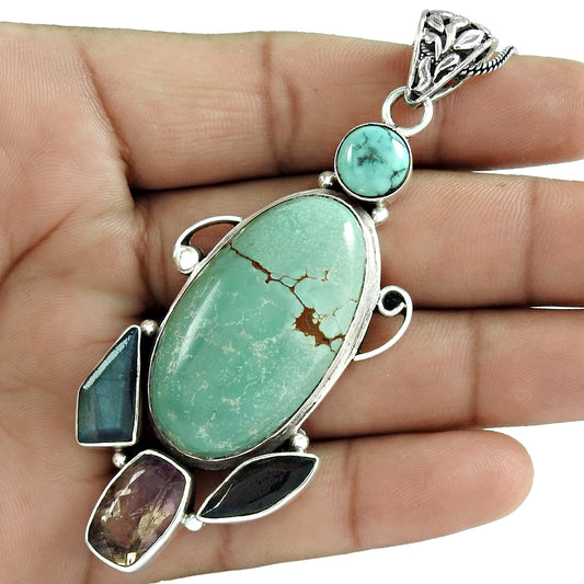 Natural Turquoise Gemstone Pendant Bohemian 925 Sterling Silver For Women K1