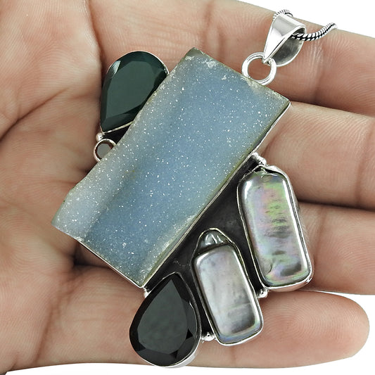 Natural Druzy Gemstone Pendant Tribal Blue 925 Sterling Silver Indian Jewelry M1