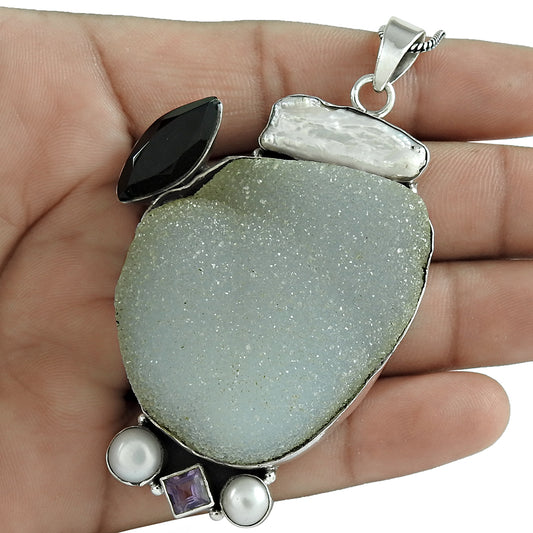 Natural Druzy Gemstone Pendant Bohemian 925 Sterling Silver Indian Jewelry N1