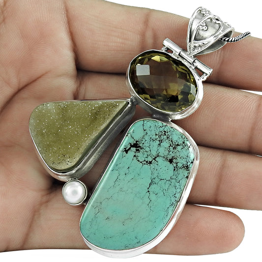 Mothers Day Gift Pendant Bohemian 925 Silver Natural Turquoise Gemstone P1