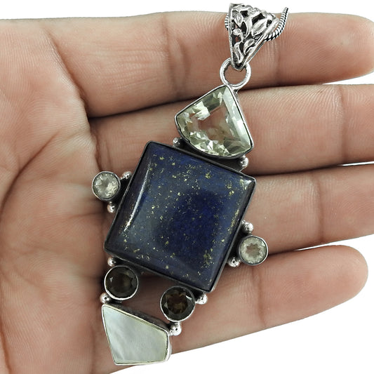 Natural Lapis Lazuli Gemstone Pendant Bohemian 925 Sterling Silver Jewelry R1