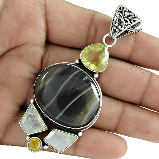 Natural Onyx Gemstone Pendant Bohemian Black 925 Sterling Silver Jewelry A8