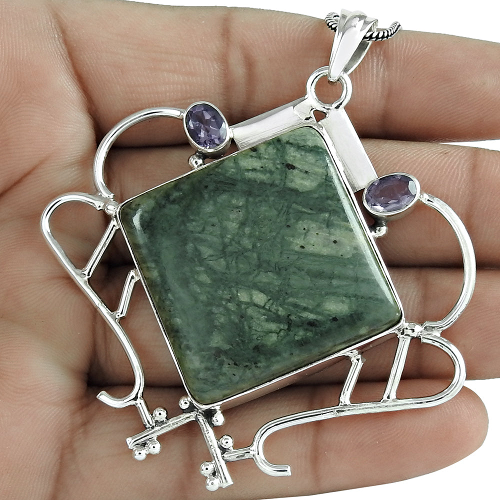 Natural Volcanic Cottam Gemstone Pendant Vintage Green 925 Sterling Silver I8