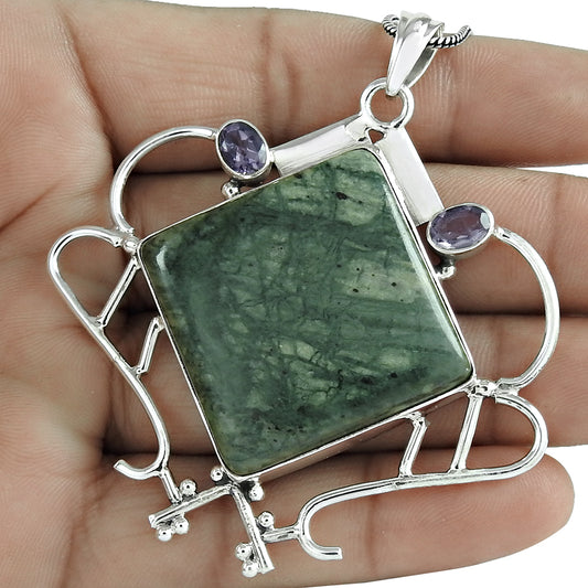 Natural Volcanic Cottam Gemstone Pendant Vintage Green 925 Sterling Silver I8
