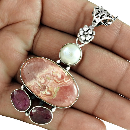 Mothers Day Gift 925 Silver Natural Rhodochrosite Gemstone Pendant Ethnic W1
