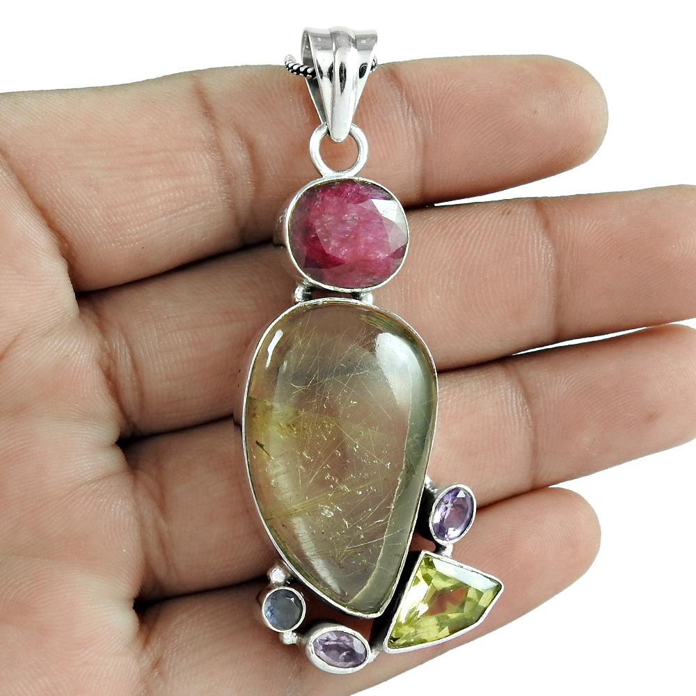 Natural Rutilated Quartz Gemstone 925 Silver Pendant Tribal For Women X1