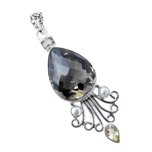 Natural Smoky Quartz Gemstone Pendant Bohemian 925 Sterling Silver For Women A2