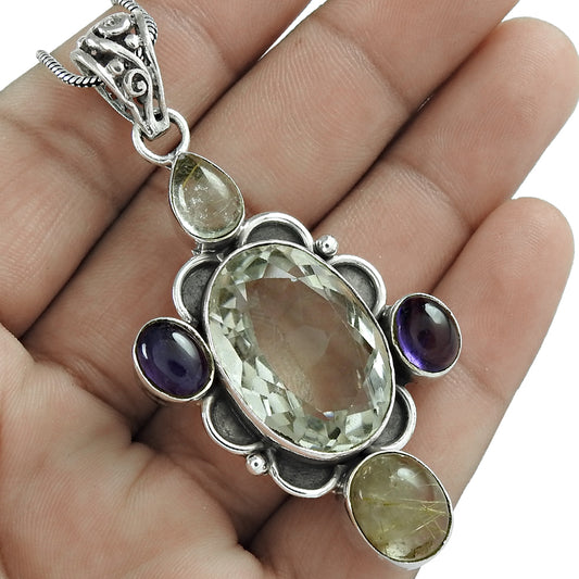 Natural Crystal Gemstone 925 Sterling Silver Pendant Bohemian For Women C2