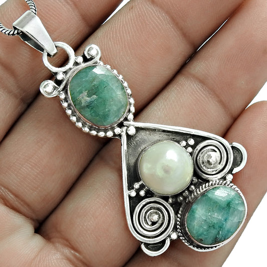 Natural Emerald Gemstone 925 Sterling Silver Pendant Bohemian For Girls F17