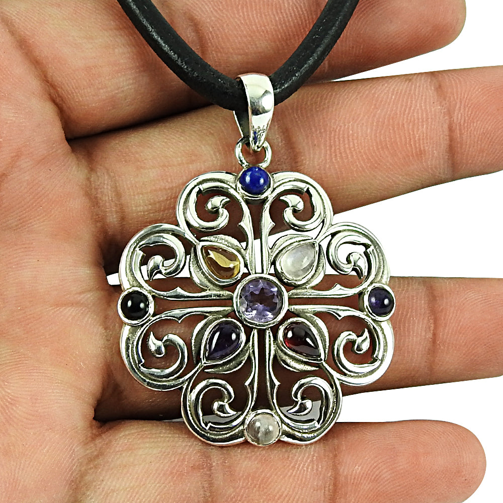 925 Silver Jewellery Ethnic Amethyst Lapis Garnet Black Onyx Rainbow Moonstone Citrine Rose Quartz Gemstone Pendant