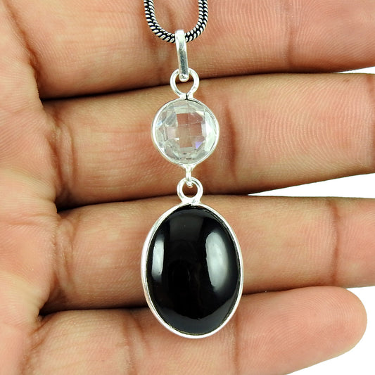 925 Sterling Silver Handmade Jewellery Stunning Black Onyx Crystal Gemstone Pendant