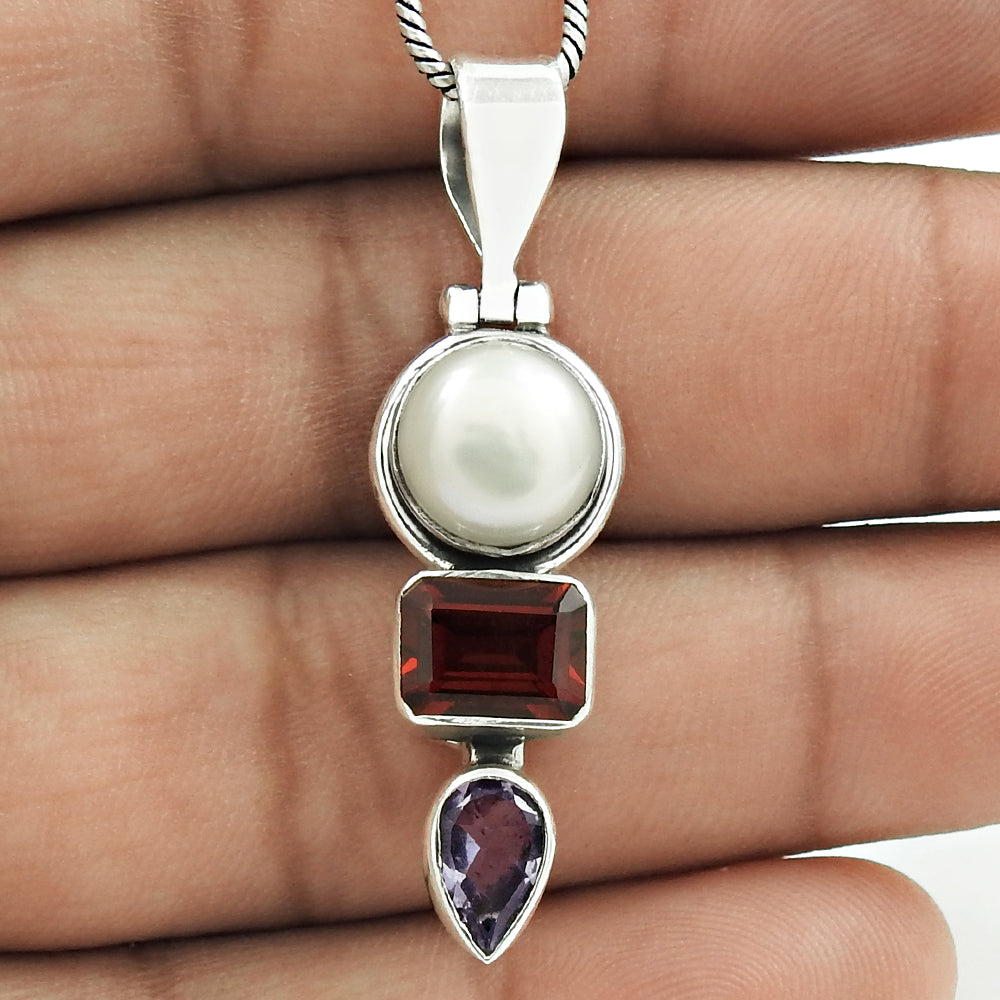 Latest Trend 925 Sterling Silver Pearl Garnet Amethyst Gemstone Pendant Vintage Jewelry C97