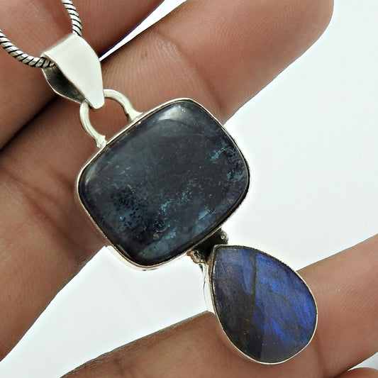 Kyanite Labradorite Gemstone Pendant 925 Sterling Silver Tribal Jewelry PH25