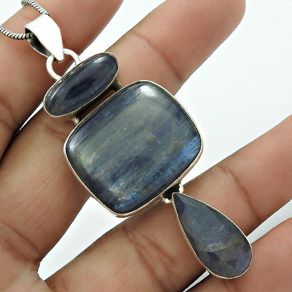 Kyanite Labradorite Gemstone Pendant 925 Sterling Silver Vintage Jewelry QA25