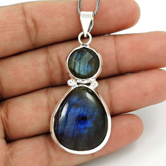 Labradorite Gemstone Pendant 925 Sterling Silver Tribal Jewelry YH25