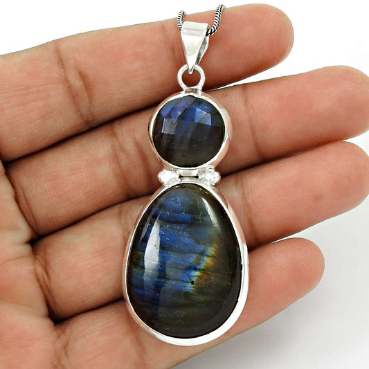 Labradorite Gemstone Pendant 925 Sterling Silver Vintage Jewelry IK25