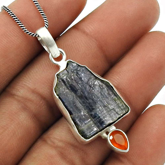 Kyanite Carnelian Rough Stone Pendant Solid 925 Sterling Silver Vintage Look Jewelry F14