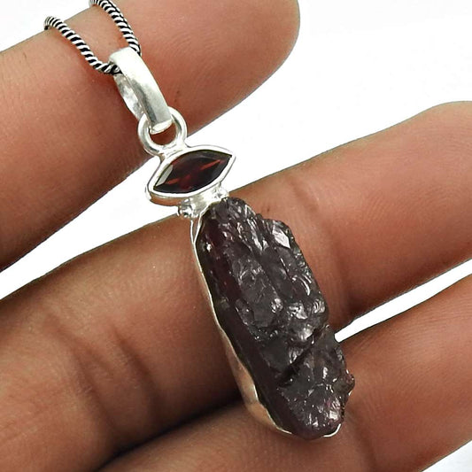 Garnet Rough Stone Pendant Solid 925 Sterling Silver Indian Handmade Jewelry U14