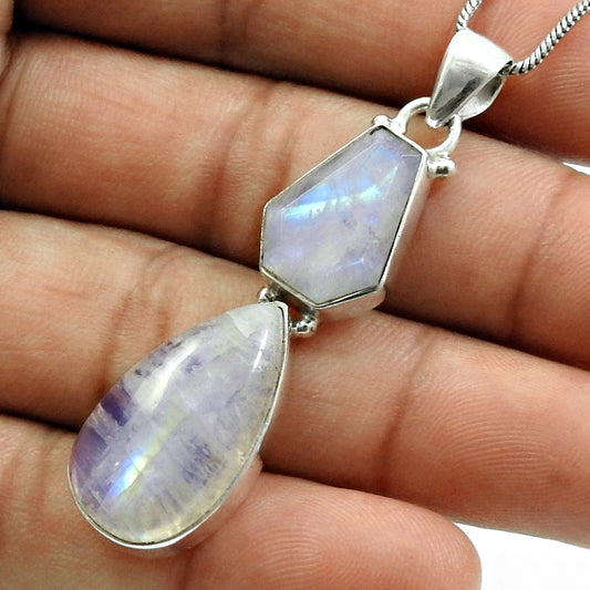 Rainbow Moonstone Gemstone Pendant Solid 925 Sterling Silver Stylish Jewelry A15