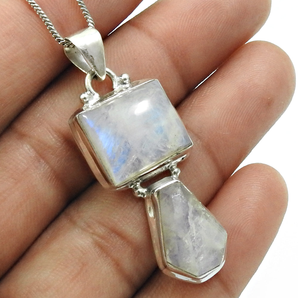 Rainbow Moonstone Gemstone Pendant Solid 925 Sterling Silver Tribal Jewelry B15