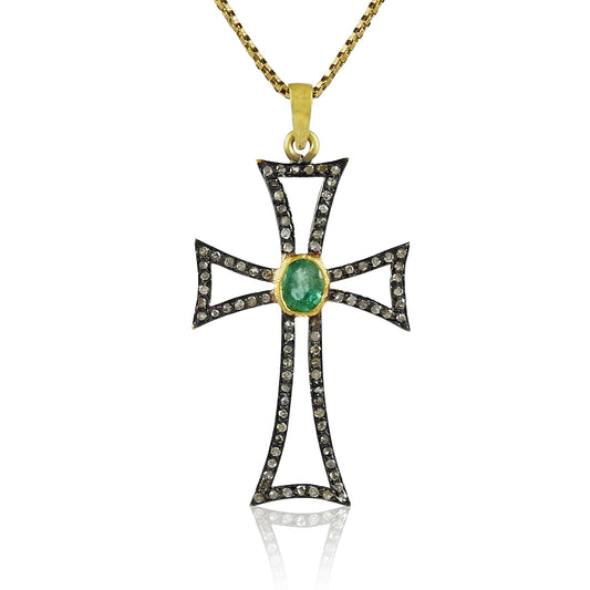 Sterling Silver Jewellery Diamond & Green Onyx Cross Pendant