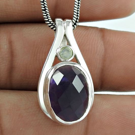 Stunning Rich Amethyst Rainbow Moonstone Silver Jewelry Pendant