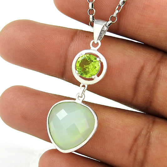 Pleasing 925 Sterling Silver Peridot Chalcedony Gemstone Pendant Antique Jewelry