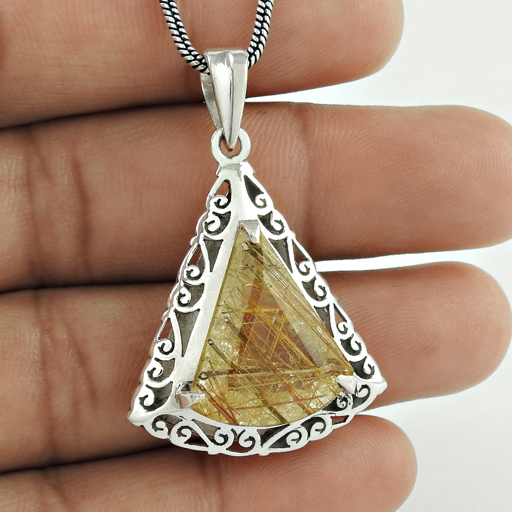 Handmade Golden Rutile Gemstone 925 Sterling Silver Pendant