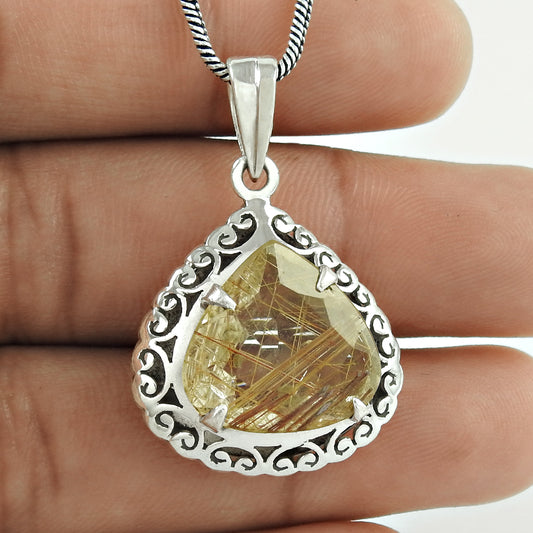 Faceted Golden Rutile Gemstone 925 Sterling Silver Pendant