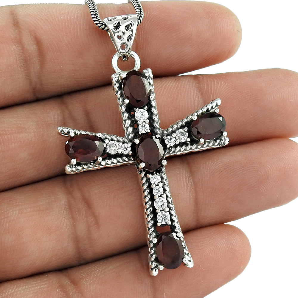 925 sterling silver Garnet White CZ Cross Pendant Trendy jewelry