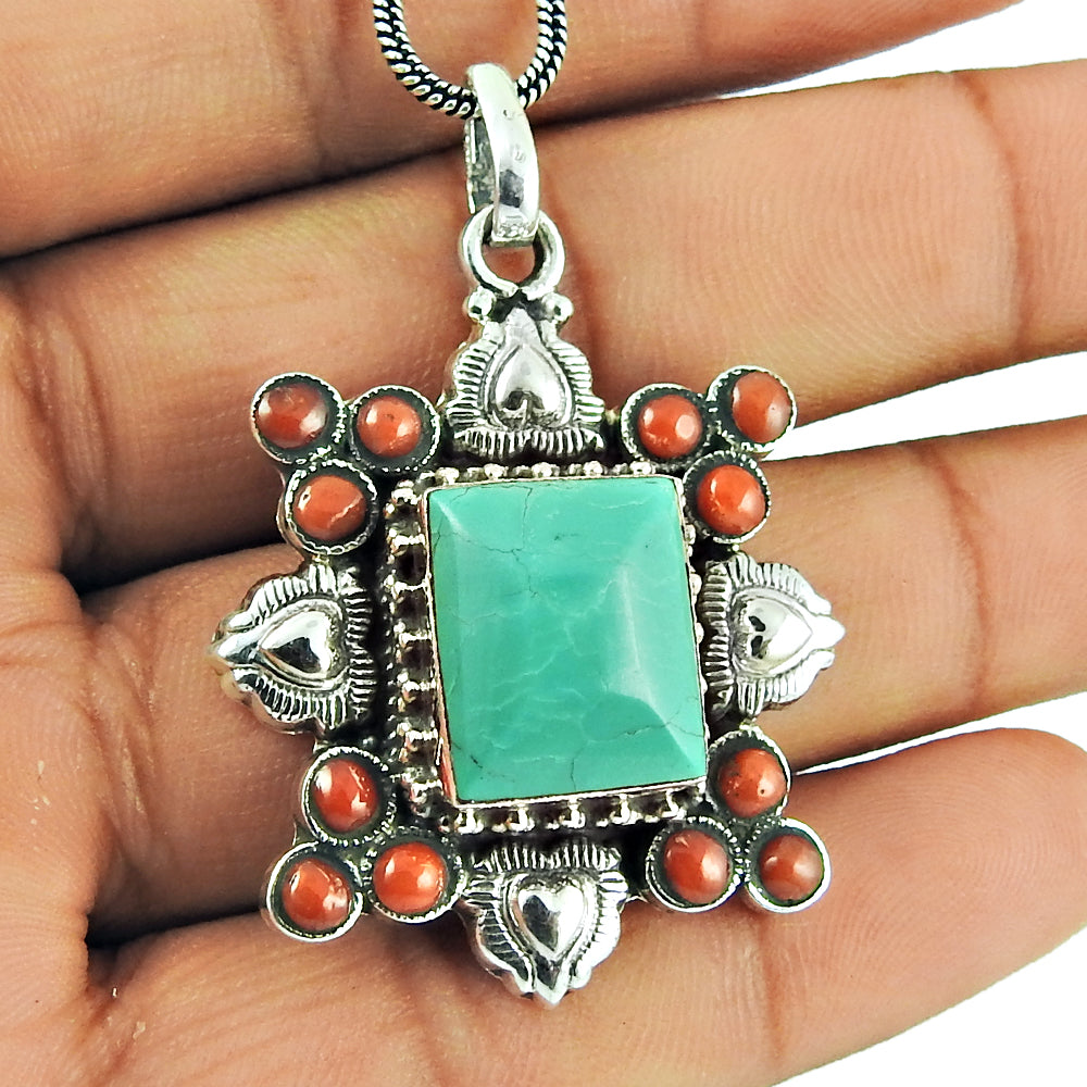 925 Sterling Silver Jewellery Ethnic Coral Turquoise Gemstone Pendant Fabricante