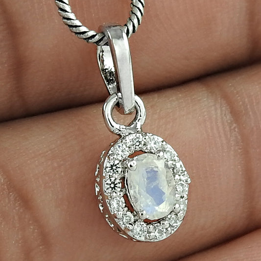 Exclusive Collection Of 925 Sterling Silver Rainbow Moonstone Gemstone & CZ Rhodium Plated Pendant