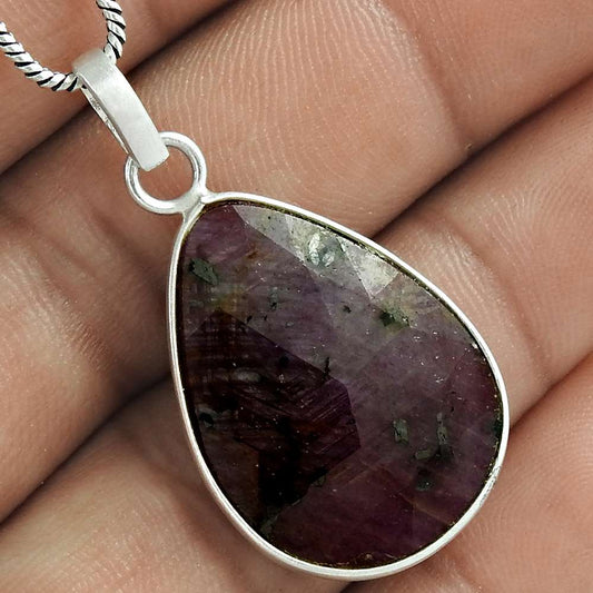 Rare 925 Sterling Silver Ruby Gemstone Pendant Jewelry