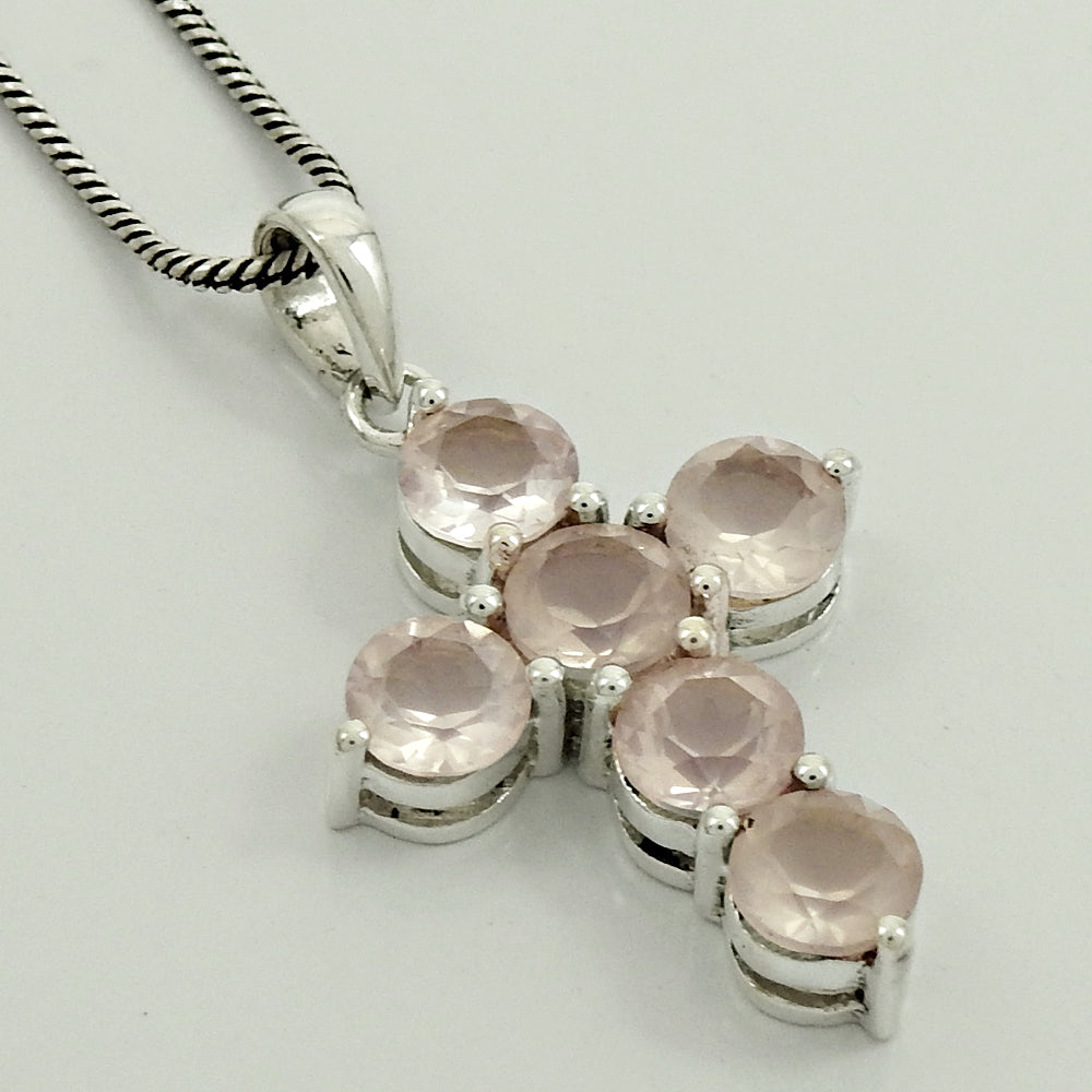 101 Heart Chakra Round Natural Rose Quartz 925 Sterling Silver Cross Bezel Pendant