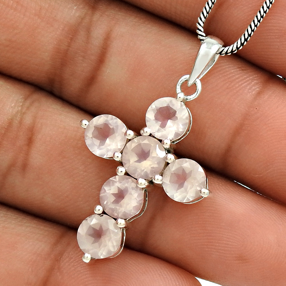 101 Heart Chakra Round Natural Rose Quartz 925 Sterling Silver Cross Bezel Pendant