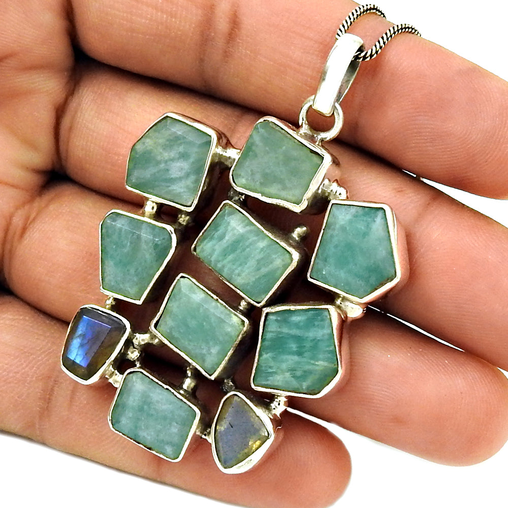 Aquamarine Labradorite Gemstone Pendant 925 Sterling Silver Ethnic Jewelry RQ13