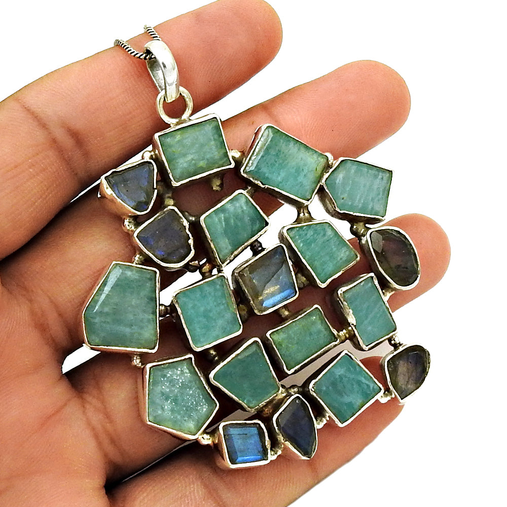 Aquamarine Labradorite Gemstone Pendant 925 Sterling Silver Traditional Jewelry RQ15