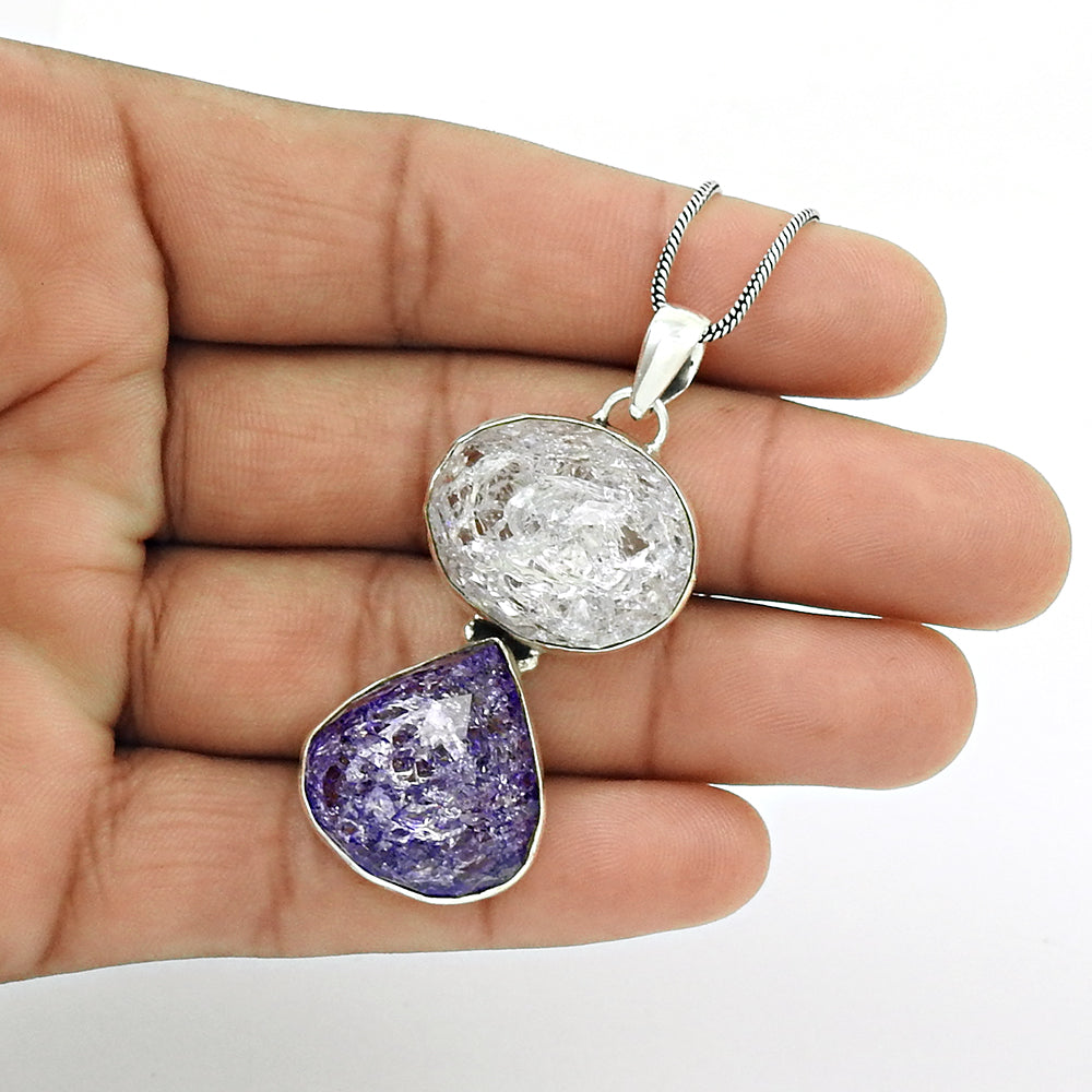 101 Gift For Her Natural Snake Rutile 925 Sterling Silver Chunky Hippie Pendant A5